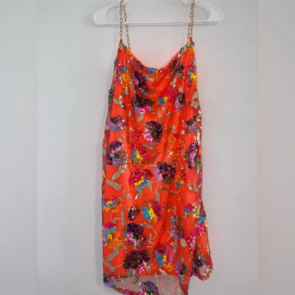Sequin Mini Dress Backless Low-Cut Floral Sparkly Multicolor Orange Birthday - Picture 4 of 8